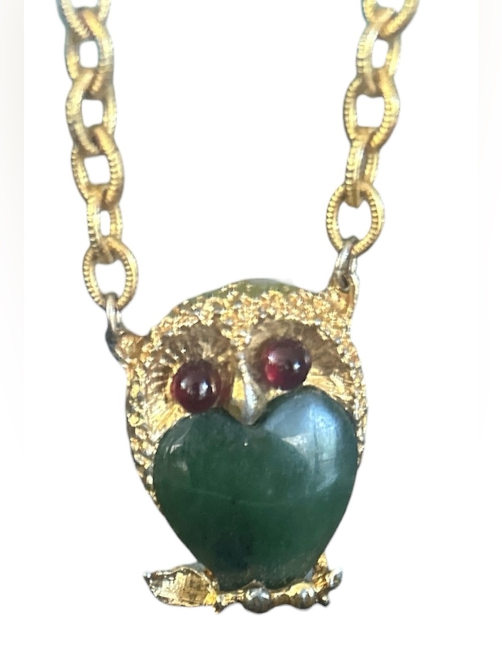 Swoboda Signed Vintage Carved Jade and Garnet Owl Necklace